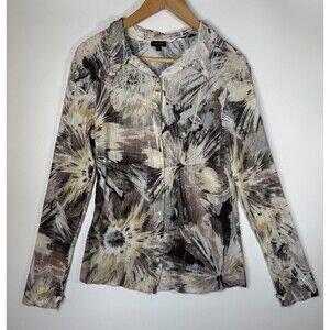 Komarov Women Blouse Large Long Sleeve Button Up Crinkle Floral Abstract Top USA